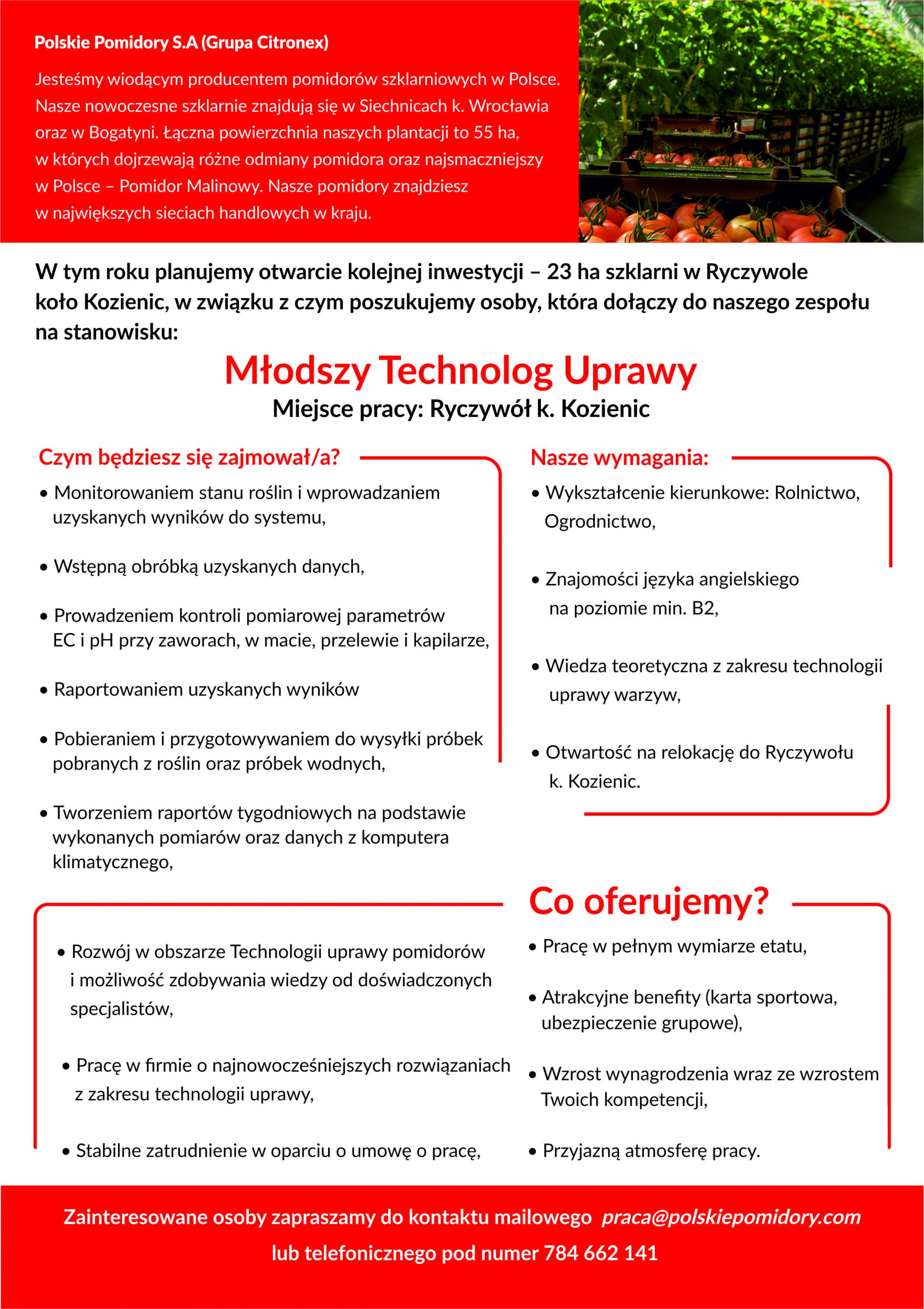 Młodszy Technolog Uprawy Ogłoszenie o pracę Polskie Pomidory S.A