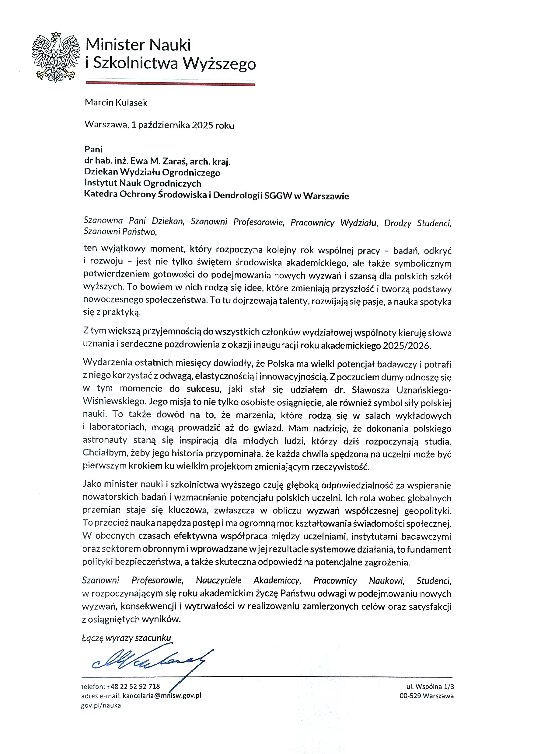List Ministra Nauki i Szkolnictwa Wyższego – Marcina Kulaska