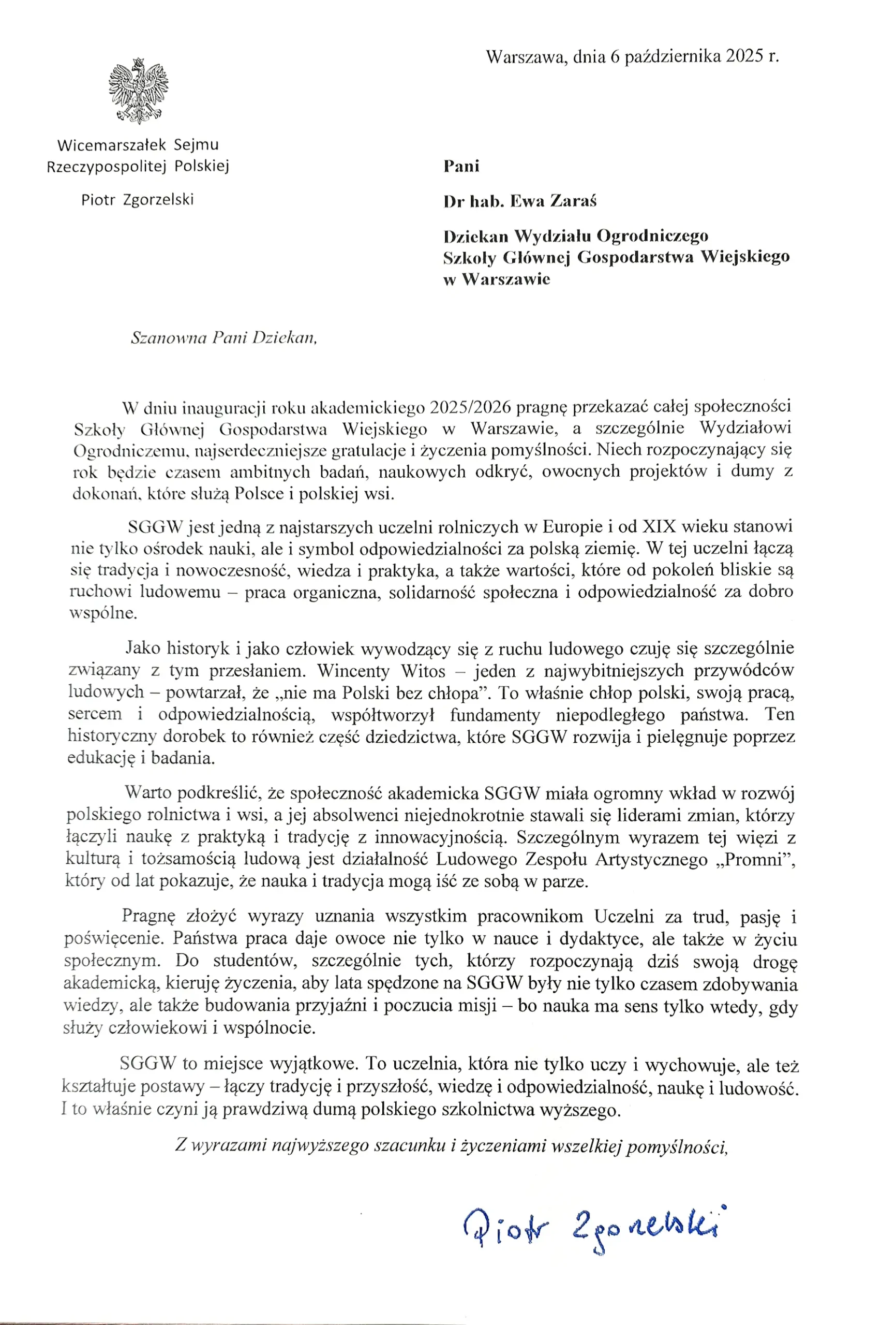 List Piotra Zgorzelskiego Wicemarszałka Sejmu RP