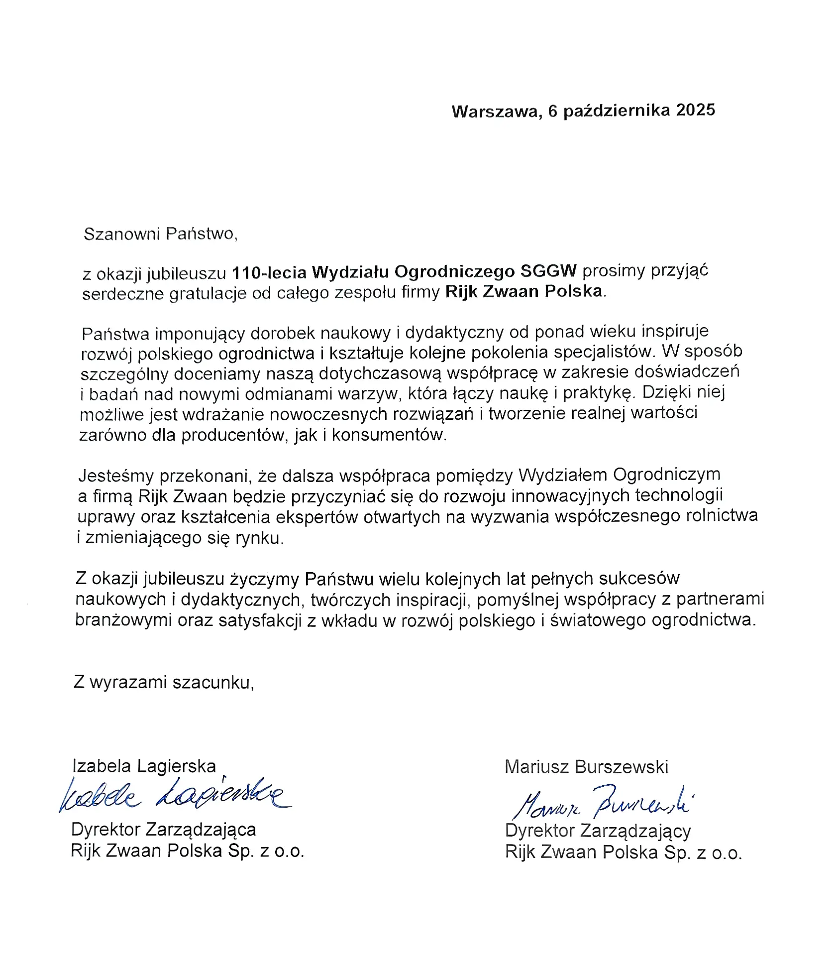 List Izabeli Lagierskiej, Dyrektor Zarządzającej Rijk Zwaan Polska Sp. z o. o.