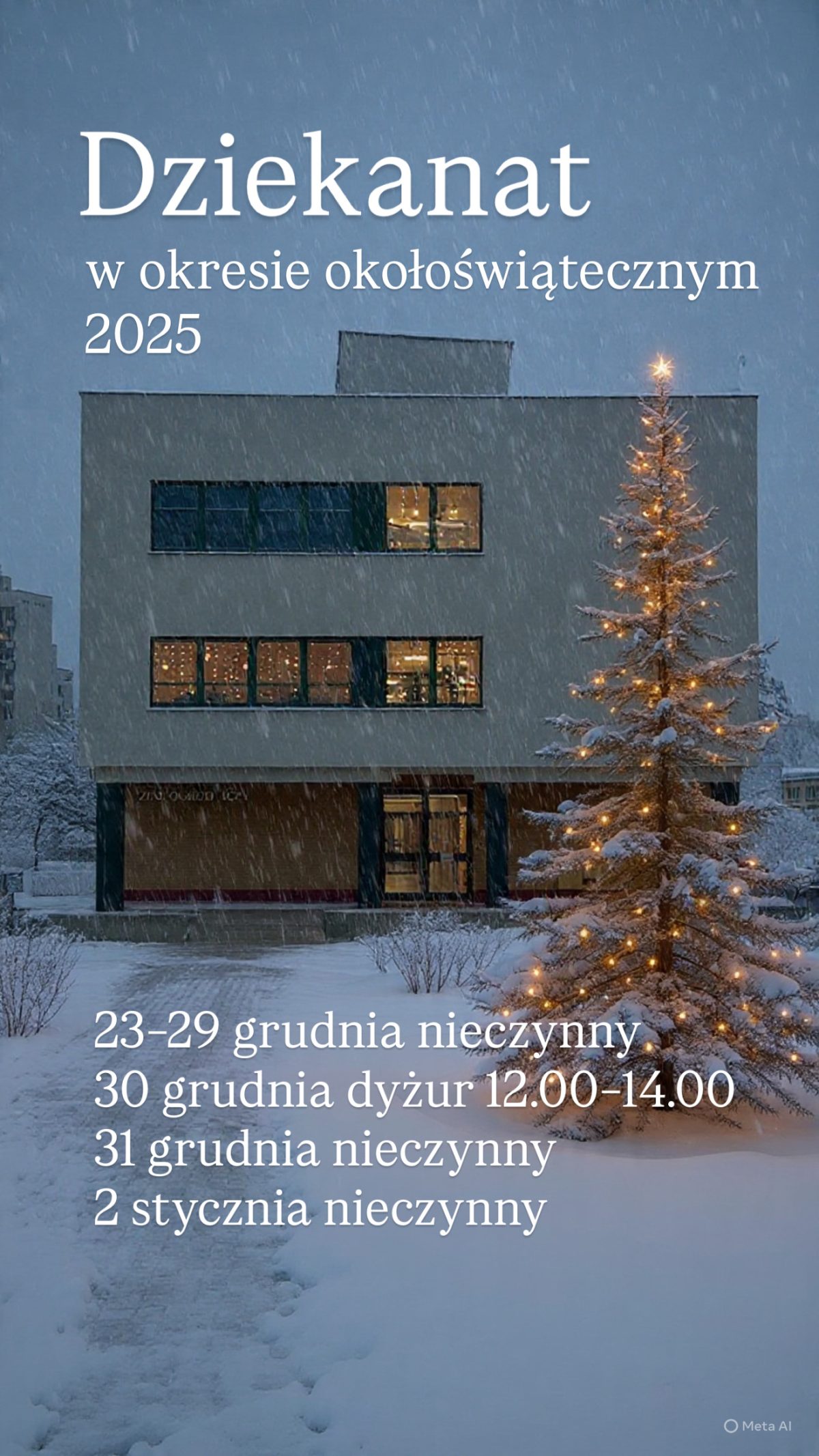 Dziekanat w okresie okołoświątecznym 2025 (fotorafia zmodyfikowana Meta AI)