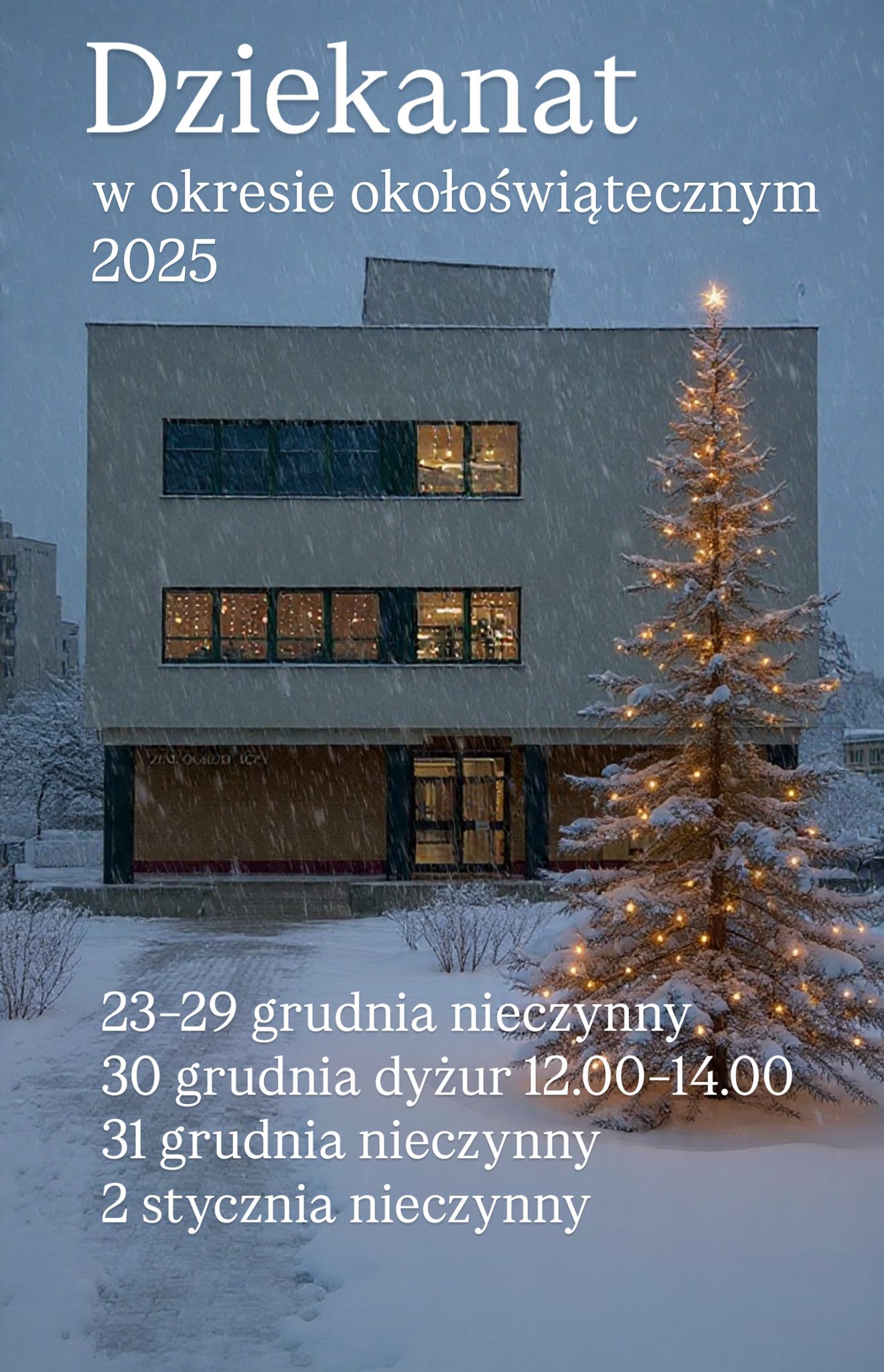 Dziekanat w okresie okołoświątecznym 2025 (fotorafia zmodyfikowana Meta AI)